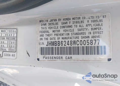 1998 Honda Prelude из США, поврежденный, VIN JHMBB6248WC005877